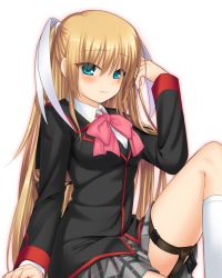 Rule 34 | 1girl, blonde hair, blue eyes, bow, cowboy shot, feet out of frame, little busters!, long hair, looking at viewer, otou (otou san), pink bow, plaid, plaid skirt, pleated skirt, school uniform, simple background, sitting, skirt, smile, solo, thigh strap, tokido saya, twintails, white background
