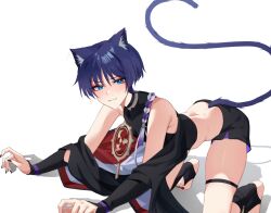 Rule 34 | 1boy, animal ears, ass, back, black nails, black shirt, black shorts, blue eyes, blush, cat ears, cat tail, chobonu, closed mouth, crop top, genshin impact, hair between eyes, highres, looking at viewer, male focus, purple hair, purple tail, scaramouche (genshin impact), shirt, short hair, shorts, solo, tail, white background