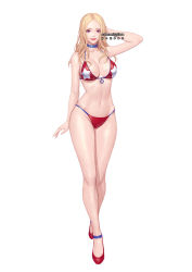 Rule 34 | 1girl, arm at side, arm behind head, bikini, blonde hair, blue choker, breasts, choker, closed mouth, commission, elbow gloves, forehead, full body, gloves, large breasts, long hair, looking at viewer, navel, original, red bikini, red eyes, red footwear, shoes, simple background, siun, smile, solo, swimsuit, watermark, white background