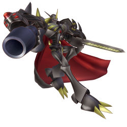 Rule 34 | 1boy, 3d, arm cannon, armor, black armor, black cape, cape, digimoji, digimon, digimon (creature), digimon story: cyber sleuth, game model, horns, monster, official art, omegamon, omegamon zwart, red eyes, reflection, sword, translated, weapon
