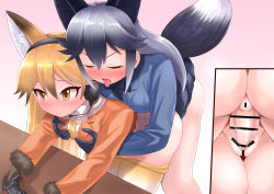 Rule 34 | 2girls, animal ears, bar censor, black gloves, blonde hair, blue hair, breast press, breasts, brown eyes, censored, clothes, controller, doggystyle, closed eyes, ezo red fox (kemono friends), futa with female, futanari, game controller, gloves, gradient hair, highres, kemono friends, looking at viewer, medium breasts, multicolored hair, multiple girls, open clothes, open mouth, penis, pussy, ras (ras33635191), sex, sex from behind, silver fox (kemono friends), table, tail, tongue, tongue out, vaginal