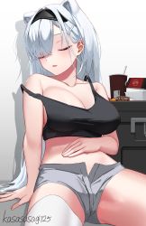 Rule 34 | 1girl, animal ears, arknights, aurora (arknights), bear ears, black hairband, black shirt, breasts, cleavage, collarbone, crop top, cup, disposable cup, extra ears, closed eyes, grey shorts, hairband, hand on own stomach, highres, kasasasagi, large breasts, long hair, navel, open fly, shadow, shirt, shorts, sitting, sleeping, solo, strap slip, takeout container, thighhighs, twitter username, very long hair, white background, white hair, white thighhighs