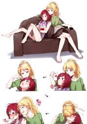 Rule 34 | 10s, 2girls, :o, :t, arrow (symbol), ayase eli, bare legs, barefoot, biting, blonde hair, blush, bowl, casual, comic, controller, couch, cushion, eating, embarrassed, closed eyes, finger biting, food, green eyes, hair ornament, hair scrunchie, hairclip, heart, highres, kiss, knees together feet apart, kuma (bloodycolor), leaning on person, looking at another, love live!, love live! school idol project, magazine (object), multiple girls, nishikino maki, nose blush, on couch, open mouth, pillow, ponytail, purple eyes, reclining, red hair, remote control, scrunchie, shirt, short shorts, shorts, silent comic, sitting, sleeveless, sleeveless shirt, smile, spoken heart, surprise kiss, surprised, teasing, yuri
