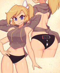 Rule 34 | 1girl, arms at sides, ass, back, battery, blonde hair, blue eyes, commentary, covered navel, english commentary, extra ears, fang, highres, hood, hoodie, monster girl, navel, neck, nelly (xyronii), original, ponytail, solo, thighs, xyronii