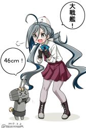 Rule 34 | 1girl, 1other, ahoge, black gloves, boots, bow, bowtie, commentary request, cross-laced footwear, dated, full body, gloves, grey eyes, grey hair, grey pantyhose, hair between eyes, hair bun, halterneck, hat, kantai collection, kiyoshimo (kancolle), lace-up boots, leaning forward, long hair, low twintails, masara (chuujou), one-hour drawing challenge, pantyhose, partially fingerless gloves, rensouhou-chan, shirt, simple background, single hair bun, translation request, twintails, twitter username, very long hair, white background, white shirt