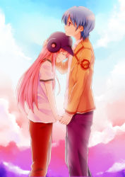 10s 1boy 1girl angel_beats! baseball_helmet blue_hair head_rest couple hand_on_head helmet hetero hinata_hideki mina_m mochizuki_mina pink_hair spoilers tears yui_(angel_beats!)