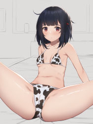 Rule 34 | 1girl, animal print, bikini, black hair, blush, breasts, cameltoe, closed mouth, collarbone, commentary request, cow print, granblue fantasy, hair ornament, halterneck, highres, indoors, kurowan, looking at viewer, medium hair, navel, partially colored, print bikini, red eyes, shiny skin, small breasts, solo, spread legs, swimsuit, thighs, vikala (granblue fantasy)