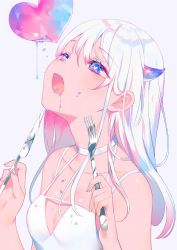 Rule 34 | 1girl, achiki, bad id, bad twitter id, bare shoulders, blue eyes, breasts, cleavage, collarbone, drooling, fork, heart, heart-shaped pupils, heart in eye, holding, holding fork, holding knife, horns, knife, long hair, looking up, nail polish, open mouth, original, single horn, small breasts, solo, symbol-shaped pupils, symbol in eye, upper body, white hair