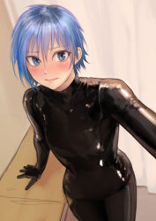 Rule 34 | androgynous, blue eyes, blue hair, blush, bodysuit, from above, gender request, hand on table, kilye kairi, latex, latex bodysuit, lips, looking at viewer, original, outstretched arm, selfie, shiny clothes, short hair, skin tight, standing
