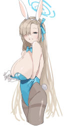 Rule 34 | 1girl, animal ears, ass, asuna (blue archive), blue archive, blue eyes, bow, bowtie, breasts, detached collar, hair over one eye, halo, hei (tonarinohey), highres, large breasts, leotard, long hair, mole, mole on breast, pantyhose, playboy bunny, rabbit ears, rabbit tail, tail, very long hair, white background