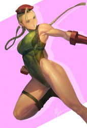 Rule 34 | 1girl, ahoge, armpits, beret, blonde hair, boots, braid, breasts, cammy white, chest harness, commentary request, cross-laced footwear, gloves, green leotard, harness, hat, highleg, highleg leotard, highres, holster, homare (fool&#039;s art), huge ahoge, lace-up boots, leotard, long hair, medium breasts, muscular, muscular female, parted lips, red gloves, red hat, scar, solo, street fighter, street fighter v, thigh holster, turtleneck, twin braids