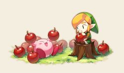 Rule 34 | 1boy, :d, anny99943, apple, belt, blonde hair, blush stickers, boots, eating, food, fruit, grass, green headwear, kirby, kirby (series), link, male focus, nintendo, open mouth, sidelocks, simple background, sitting, sitting on tree stump, smile, the legend of zelda, the legend of zelda: link&#039;s awakening, tree stump, tunic, white background