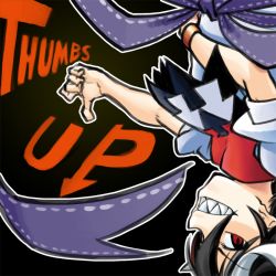 Rule 34 | 1girl, arm across waist, arrow (symbol), black background, black hair, cone horns, dress, english text, grey horns, horns, kagehito, kijin seija, looking at viewer, multicolored hair, red eyes, red hair, sharp teeth, short sleeves, simple background, solo, streaked hair, teeth, thumbs up, touhou, upside-down, white dress, white hair, wristband