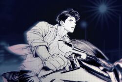 Rule 34 | 168broccoli, 1boy, blue theme, cowboy shot, driving, highres, lamppost, loose hair strand, male focus, mito youhei, monochrome, motor vehicle, motorcycle, night, on motorcycle, outdoors, pompadour, slam dunk (series), solo