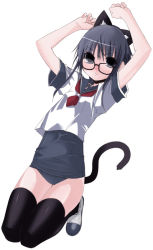 Rule 34 | 1girl, aka ume, animal ears, cat ears, cat tail, glasses, kneeling, no pants, one-piece swimsuit, school swimsuit, school uniform, serafuku, solo, swimsuit, swimsuit under clothes, tail, thighhighs