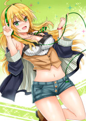 Rule 34 | 10s, 1girl, bad id, bad pixiv id, blonde hair, breasts, female focus, gradient background, green eyes, headphones, hoshii miki, idolmaster, idolmaster (classic), idolmaster one for all, inu (marukome), jacket, large breasts, long hair, midriff, navel, off shoulder, open clothes, open jacket, open mouth, shirt, shorts, smile, solo, stomach, v, very long hair, vest