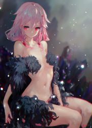 Rule 34 | 1girl, bad id, bad pixiv id, between legs, blurry, blurry background, breasts, collarbone, commentary request, crystal, depth of field, guilty crown, hair between eyes, hair ornament, hairclip, hand between legs, highres, kisei2, long hair, navel, nude, pink hair, red eyes, signature, sitting, small breasts, solo, yuzuriha inori