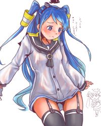 Rule 34 | 2girls, adapted costume, alternate hairstyle, amatsukaze (kancolle), amatsukaze (kancolle) (cosplay), black legwear, blue hair, cosplay, dress, embarrassed, garter straps, gloves, gradient hair, hair tubes, kantai collection, long hair, multicolored hair, multiple girls, sailor dress, samidare (kancolle), short dress, simple background, single glove, smokestack hair ornament, solo focus, squiggle, striped legwear, swept bangs, thighhighs, thrux, two side up, very long hair, white background, white gloves