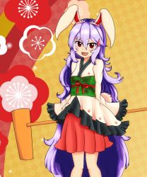 Rule 34 | 1girl, :d, absurdly long hair, animal ears, blush, breasts, dress, food, haruirokomici, japanese clothes, kimono, kimono skirt, kine, long hair, looking at viewer, mallet, mochi, open mouth, purple hair, rabbit ears, rabbit girl, rabbit tail, red eyes, reisen udongein inaba, sleeves past wrists, small breasts, smile, solo, tail, touhou, very long hair, wagashi, wide sleeves