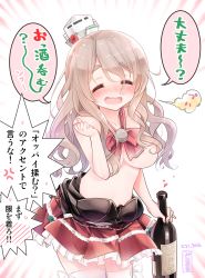 Rule 34 | 10s, 1girl, alcohol, blush, bottle, censored nipples, daijoubu? oppai momu?, drunk, closed eyes, grey hair, hair censor, hair over breasts, hat, highres, italian text, italy, kantai collection, long hair, minimaru, pola (kancolle), solo, thighhighs, topless, translated, wine