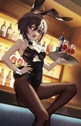 Rule 34 | 1girl, absurdres, animal ears, antenna hair, bar (place), black eyes, black hair, black leotard, bottle, bow, bowtie, cup, detached collar, drinking glass, dutch angle, fake animal ears, fake tail, hd (sw4189101), highres, idolmaster, idolmaster (classic), idolmaster 2, kikuchi makoto, leotard, looking at viewer, pantyhose, playboy bunny, rabbit ears, rabbit tail, red wine, solo, strapless, strapless leotard, tail, tray, wine, wine bottle, wine glass, wrist cuffs