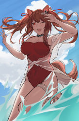 Rule 34 | 1girl, angelina (arknights), angelina (summer flower) (arknights), animal ears, arknights, arms up, blue sky, blush, breasts, covered navel, elinnasky, foot out of frame, fox ears, fox tail, hair ribbon, highres, large breasts, long hair, looking at viewer, official alternate costume, on water, one-piece swimsuit, one eye closed, open mouth, orange hair, red eyes, red one-piece swimsuit, ribbon, sandals, simple background, sky, smile, solo, standing, standing on one leg, swimsuit, tail, teeth, thighs, upper teeth only, water
