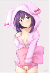 Rule 34 | 1girl, animal hood, aqua eyes, artist name, basa rutan, blush, bow, breasts, breasts apart, clothes tug, collarbone, cowboy shot, grey background, head tilt, highres, holding, hood, hood up, hoodie, idolmaster, idolmaster million live!, long hair, long sleeves, looking at viewer, loungewear, mochizuki anna, naked hoodie, off shoulder, parted lips, partially unzipped, pillow, purple hair, rabbit hood, simple background, small breasts, solo, standing