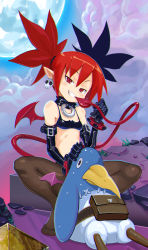 Rule 34 | 1girl, black gloves, breasts, choker, demon girl, demon tail, demon wings, disgaea, draw-till-death, earrings, elbow gloves, etna (disgaea), feet, gloves, highres, jewelry, looking at viewer, makai senki disgaea, no shoes, prinny, red eyes, red hair, skull earrings, slit pupils, small breasts, smile, squatting, stomach, sweat, tail, toes, twintails, wings