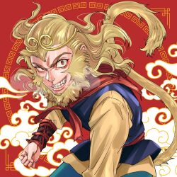 Rule 34 | 1boy, absurdres, blonde hair, chinese border, chinese clothes, circlet, clenched hand, facial hair, fangs, flying nimbus, heavy breathing, highres, journey to the west, long hair, long sleeves, meguzm, red background, red eyes, sideburns, smirk, solo, sun wukong, tail, teeth