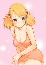 Rule 34 | 1girl, arm support, blonde hair, blue eyes, blush, breasts, chemise, cleavage, colored pencil (medium), folded ponytail, hair ornament, highres, lingerie, looking away, sakaki imasato, sasamori karin, short twintails, sitting, sketch, solo, to heart (series), to heart 2, traditional media, twintails, underwear, yokozuwari