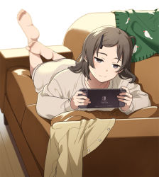 Rule 34 | 1girl, barefoot, blurry, brown eyes, brown hair, couch, depth of field, feet, feet up, hair ornament, hairclip, long hair, lying, mattaku mousuke, nintendo switch, on stomach, original, playing games, soles, solo, toes, white background