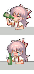 Rule 34 | &gt; &lt;, 1girl, blush, bottle, bow, chibi, chinese commentary, closed eyes, commentary request, crying, drinking, fujiwara no mokou, hair between eyes, hair bow, hand up, holding, holding bottle, jokanhiyou, nose blush, open mouth, pink hair, puffy short sleeves, puffy sleeves, shirt, short sleeves, sidelocks, streaming tears, suspenders, tears, touhou, upper body, white background, white bow, white shirt