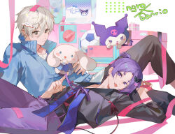 Rule 34 | 2boys, absurdres, ball, black pants, black shirt, blue lock, blue shirt, box, character hair ornament, cinnamoroll, closed mouth, copyright name, crossover, demon tail, gift, gift box, grey eyes, grey hair, gurikur1, hair between eyes, hair ornament, highres, kuromi, long sleeves, looking at another, looking at viewer, lying, male focus, mikage reo, multiple boys, nagi seishirou, on back, onegai my melody, open mouth, pants, pink ribbon, ponytail, purple eyes, purple hair, purple pants, ribbon, sanrio, shirt, short hair, short ponytail, soccer ball, tail, tongue, tongue out