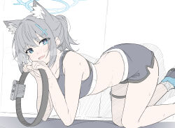 Rule 34 | 1girl, absurdres, all fours, animal ear fluff, animal ears, bare arms, black shorts, black sports bra, blue archive, blue eyes, blush, cross hair ornament, extra ears, foot out of frame, from side, grey hair, hair ornament, halo, highres, looking at viewer, low ponytail, masabodo, medium hair, mismatched pupils, nose blush, open mouth, revision, ring-con, shiroko (blue archive), shoes, short shorts, shorts, smile, solo, sports bra, sweat, thigh strap, wolf ears