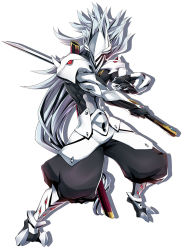 Rule 34 | 1boy, armor, black pants, blazblue, blazblue: central fiction, fighting stance, full body, gloves, hakumen, highres, katou yuuki, long hair, male focus, mask, official art, pants, shadow, silver hair, solo, standing, sword, weapon, white background