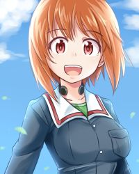 Rule 34 | 1girl, :d, blue jacket, blue sky, brown eyes, brown hair, cloud, cloudy sky, commentary, day, girls und panzer, green shirt, highres, jacket, kitayama miuki, long sleeves, looking at viewer, military, military uniform, nishizumi miho, ooarai military uniform, open mouth, shirt, short hair, sky, smile, solo, throat microphone, uniform, upper body