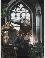 Rule 34 | alternate color, black fur, border, candle, colored sclera, creatures (company), crown, game freak, gem, gen 2 pokemon, highres, indoors, jewelry, mirror, nintendo, no humans, plant, pokemon, pokemon (creature), reo (mmocc123), shiny pokemon, sitting, throne, umbreon, umbreon (noble), yellow sclera