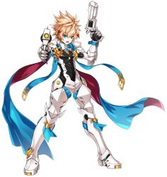 Rule 34 | 1boy, :o, aiming, armor, blonde hair, blue eyes, boots, brown hair, chung seiker, deadly chaser (elsword), dual wielding, elsword, full armor, full body, gloves, gun, holding, holding gun, holding weapon, looking at viewer, male focus, multicolored hair, official art, open mouth, ress, scarf, solo, spiked hair, standing, streaked hair, symbol-shaped pupils, transparent background, two-tone hair, weapon
