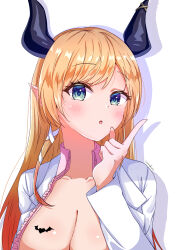 Rule 34 | 1girl, blonde hair, blue eyes, blush, breast tattoo, breasts, cleavage, coat, demon girl, demon horns, frilled shirt, frills, heart, heart tattoo, highres, hololive, horns, lab coat, large breasts, long hair, looking at viewer, open mouth, pink shirt, pointy ears, shirt, solo, suzuka (suzukawu), tattoo, virtual youtuber, white background, white coat, winged heart tattoo, yuzuki choco, yuzuki choco (1st costume)