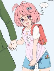 Rule 34 | 2girls, artist name, backpack, bag, blue background, blue shorts, blush, character request, chestnut mouth, collarbone, cowboy shot, embarrassed, female focus, flat chest, flying sweatdrops, green jacket, green skirt, hair ornament, hair tie, hairclip, hand up, heart, highres, hitsujiomo, holding hands, jacket, jpeg artifacts, long sleeves, looking to the side, matching hair/eyes, multiple girls, nose blush, open mouth, peeing, peeing self, pink eyes, pink hair, shirt tug, short hair, short shorts, short sleeves, shorts, side ponytail, simple background, skirt, solo focus, speech bubble, spoken blush, standing, star (symbol), sweat, swept bangs, teeth, thigh gap, twitter username, watermark, wet, wet clothes