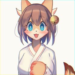 Rule 34 | 1girl, animal ears, bell, blue eyes, blush, brown hair, chatora (0-furry-beast-0), clenched hand, fang, fox ears, fox girl, fox tail, furry, furry female, hair bell, hair ornament, japanese clothes, miko, open mouth, original, portrait, short hair, smile, solo, tail, white background
