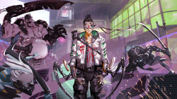 Rule 34 | 4boys, absurdres, android, arm blade, arm cannon, bent over, blindfold, blue eyes, city, clenched hand, cyberpunk, cyberpunk (series), cyberpunk 2077, cyborg, fat, fat man, glowing, glowing eyes, hand on own thigh, highres, holding, holding sword, holding weapon, jacket, katana, leaning forward, mechanical arms, multiple boys, open hand, samurai jacket (cyberpunk), science fiction, single mechanical arm, solo focus, sword, weapon, white hair, white jacket, zinz