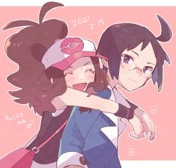 Rule 34 | 1boy, 1girl, :d, ahoge, antenna hair, baseball cap, blush, brown hair, cheren (pokemon), closed eyes, closed mouth, commentary request, creatures (company), eyelashes, game freak, glasses, happy, hat, heart, high ponytail, highres, hilda (pokemon), hug, hug from behind, jacket, long hair, looking at viewer, misha (ohds101), nintendo, open mouth, outline, pink bag, pokemon, pokemon bw, shirt, sidelocks, smile, tongue, two-tone headwear, vest, wristband, |d