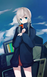 Rule 34 | 1girl, absurdres, bad id, bad pixiv id, black jacket, blue eyes, closed mouth, cowboy shot, day, dress, expressionless, highres, jacket, long sleeves, ogami ren, orange dress, original, outdoors, puffy long sleeves, puffy sleeves, short dress, sidelocks, silver hair, solo, television