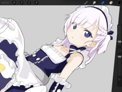 Rule 34 | 1girl, aged down, apron, azur lane, bare shoulders, belfast (azur lane), blue dress, blue eyes, blush, braid, breasts, dress, elbow gloves, french braid, frilled gloves, frills, gloves, grey background, little bel (azur lane), long hair, looking at viewer, maid, maid headdress, misekai 555, one side up, open mouth, simple background, small breasts, solo, waist apron, white apron, white hair