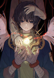 Rule 34 | 2boys, archangel (baroque), bandaged hand, bandages, baroque (series), bishounen, black hair, blue coat, coat, dark background, glowing, gold trim, grey eyes, hand on another&#039;s head, hand on another&#039;s shoulder, hands up, head out of frame, long sleeves, looking down, magic, male focus, multiple boys, niwoto ki, orb, parted lips, protagonist (baroque), robe, short hair, sweater, tendril, turtleneck, upper body, white robe, white wings, wings, yellow sweater