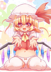 Rule 34 | 1girl, ascot, bad id, bad pixiv id, blonde hair, blush, bow, bow panties, cameltoe, commentary request, demekyon, fang, flandre scarlet, frilled panties, frills, hat, hat ribbon, heart, midriff, mob cap, navel, no pants, open mouth, outstretched arms, panties, puffy short sleeves, puffy sleeves, red eyes, ribbon, shirt, short sleeves, side ponytail, sitting, smile, solo, thighhighs, touhou, underwear, vest, wariza, white panties, white thighhighs, wings, zettai ryouiki