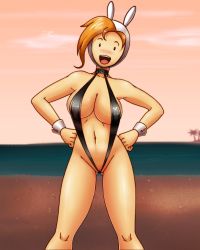 Rule 34 | 1girl, adventure time, bad id, bad pixiv id, beach, bikini, blonde hair, blush, breasts, cleavage, collar, deadmoon (kein2002), fionna the human girl, fringe trim, gender request, genderswap, hands on own hips, large breasts, navel, ocean, pussy, pussy peek, sideboob, slingshot swimsuit, solo, standing, swimsuit, wrist cuffs