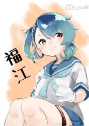 Rule 34 | 1girl, blue hair, blue neckerchief, blue sailor collar, blue skirt, brown eyes, character name, commentary request, cowboy shot, fukae (kancolle), gloves, gradient hair, hat, highres, kantai collection, multicolored hair, neckerchief, nigiri rice, one-hour drawing challenge, pleated skirt, sailor collar, sailor hat, school uniform, serafuku, short hair, short sleeves, side ponytail, sidelocks, skirt, solo, white gloves, white hat