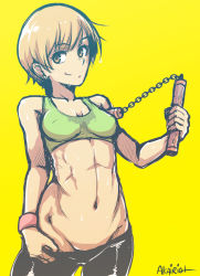 Rule 34 | 1girl, abs, akairiot, bad id, bad tumblr id, bare shoulders, bike shorts, breasts, brown eyes, brown hair, clothes pull, covered erect nipples, cowboy shot, female focus, groin, hand on own hip, holding, holding nunchaku, holding weapon, light brown hair, light smile, looking at viewer, midriff, navel, no panties, nunchaku, nunchucks, persona, persona 4, pulled by self, satonaka chie, short hair, shorts, shorts pull, signature, simple background, sketch, small breasts, smile, solo, sports bra, sweat, tank top, tomboy, toned, weapon, wristband, yellow background